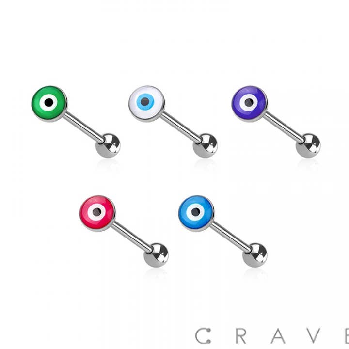 EPOXY ACRYLIC EVIL EYE 316L SURGICAL STEEL TONGUE BARBELL for wholesale by CRAVE BODY JEWELRY