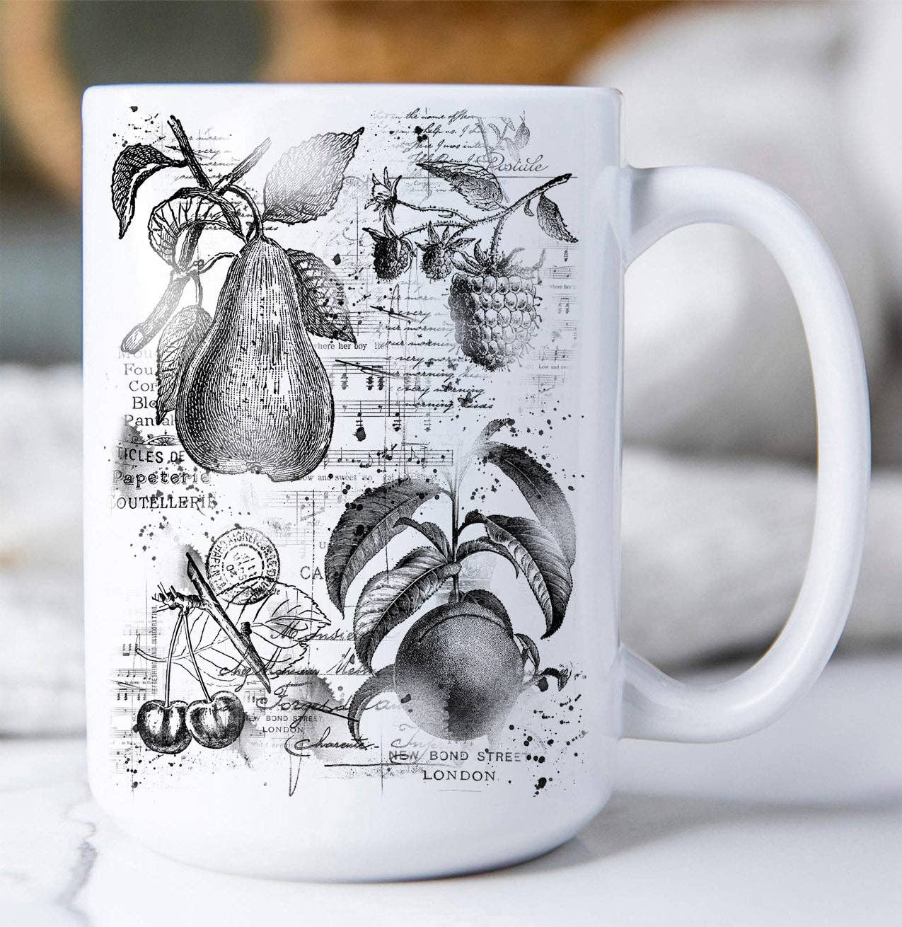 Avery Lane Gifts - Wholesale Coffee Mug - Vintage Shabby Fruits Pears, Cherries Coffee Mug