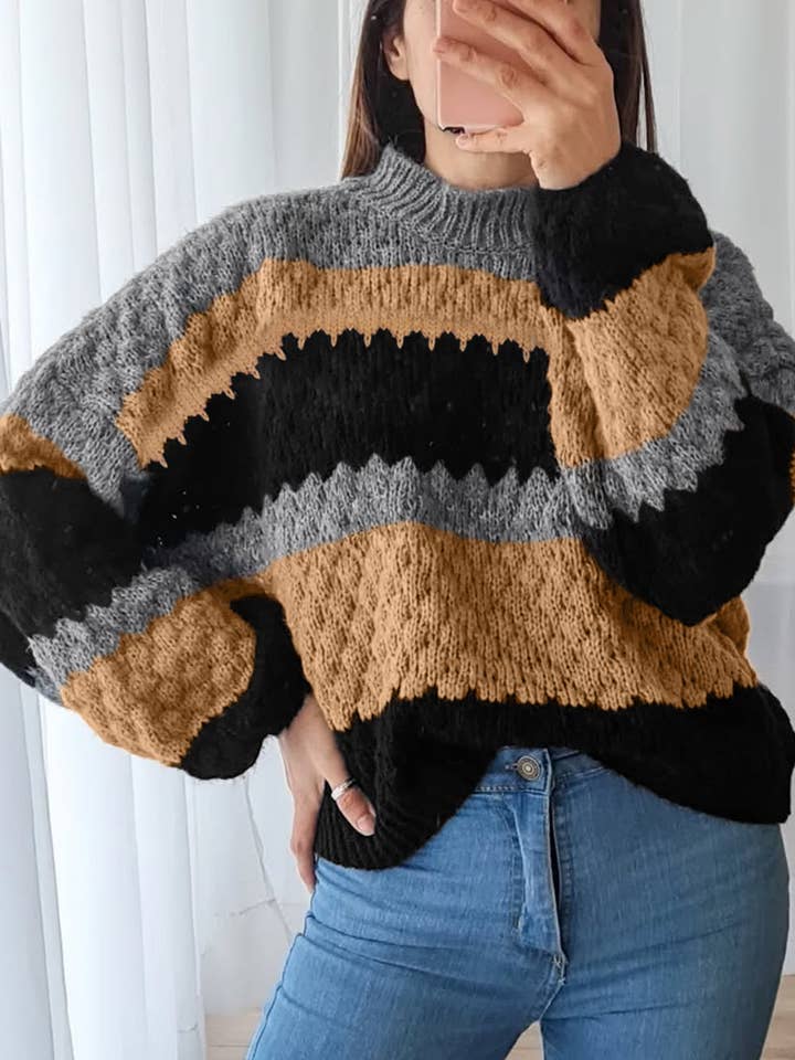 Khaki Color Block High Neck Baggy Sweater for wholesale by Lovesoft