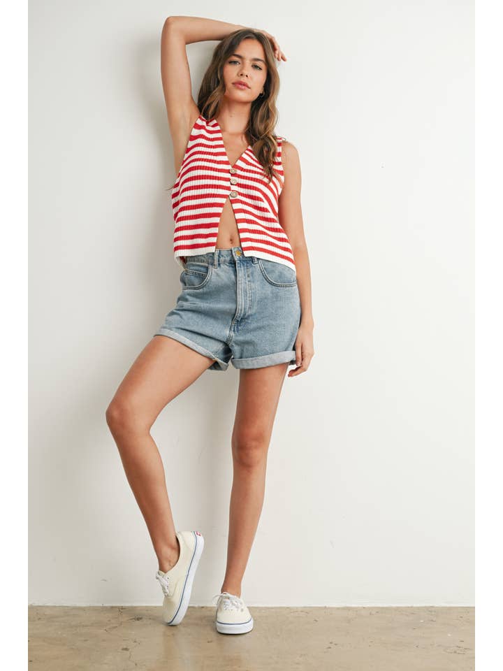 BUTTERMELON - Wholesale Sweater Vest - Women's - Striped Button-Front Sweater Vest - BMW77333