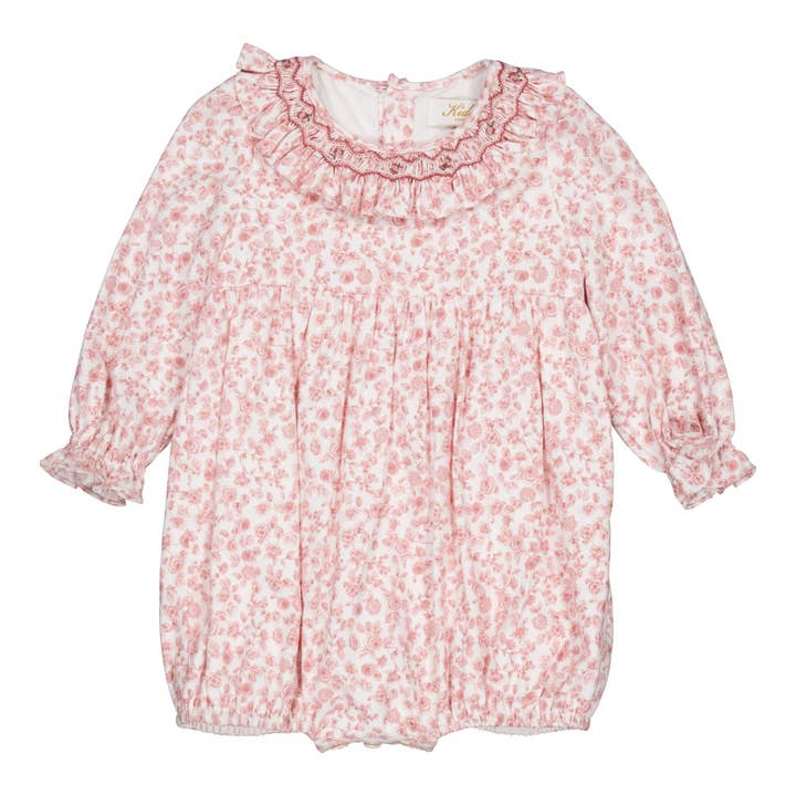 Thanaïs, smocked romper, old pink print for wholesale by Kidiwi handmade