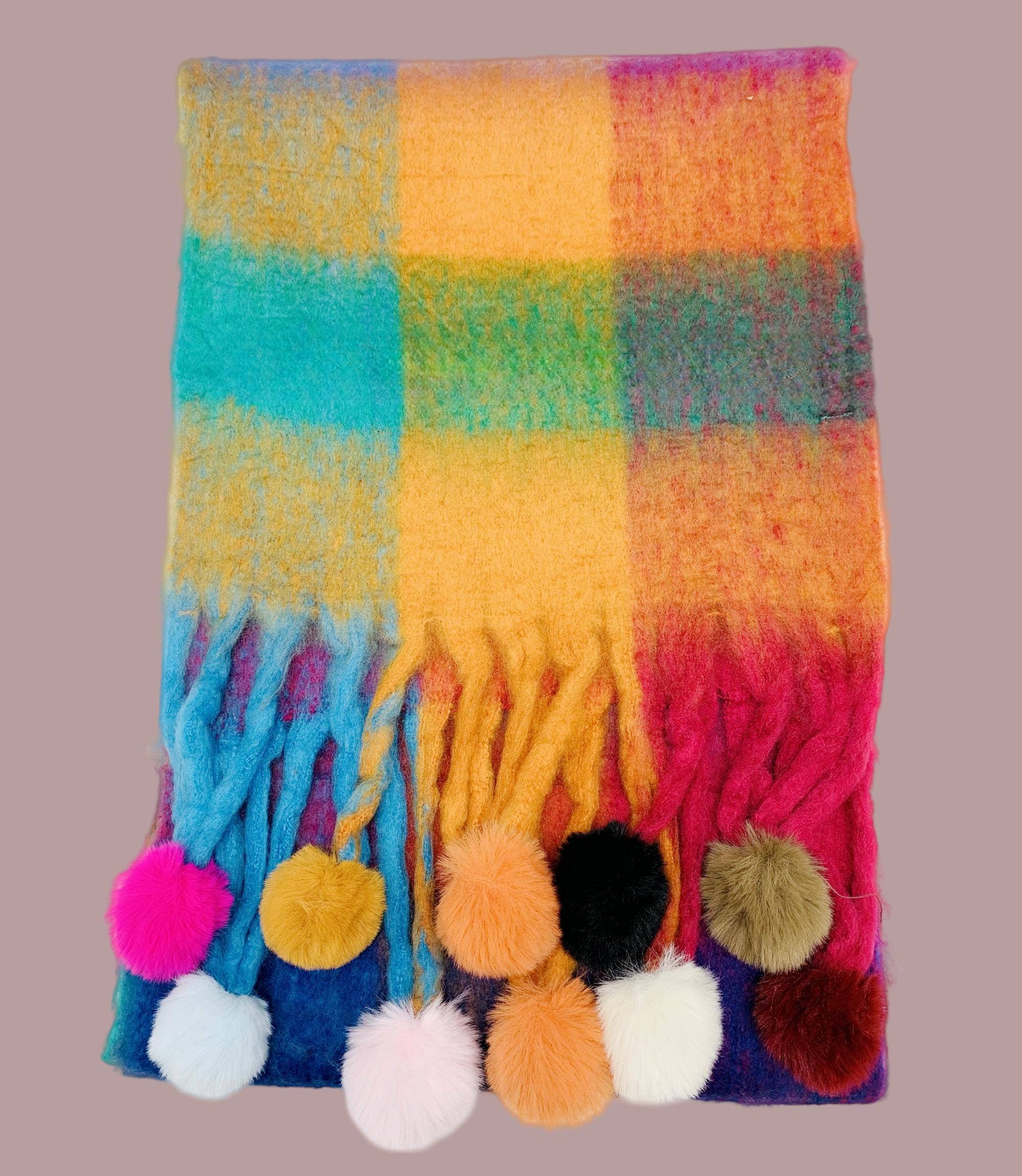 JC Sunny Fashion – Engroshandel Tørklæde - Dame – JC023504 farverigt ternet fuzzy tørklæde med pompoms10