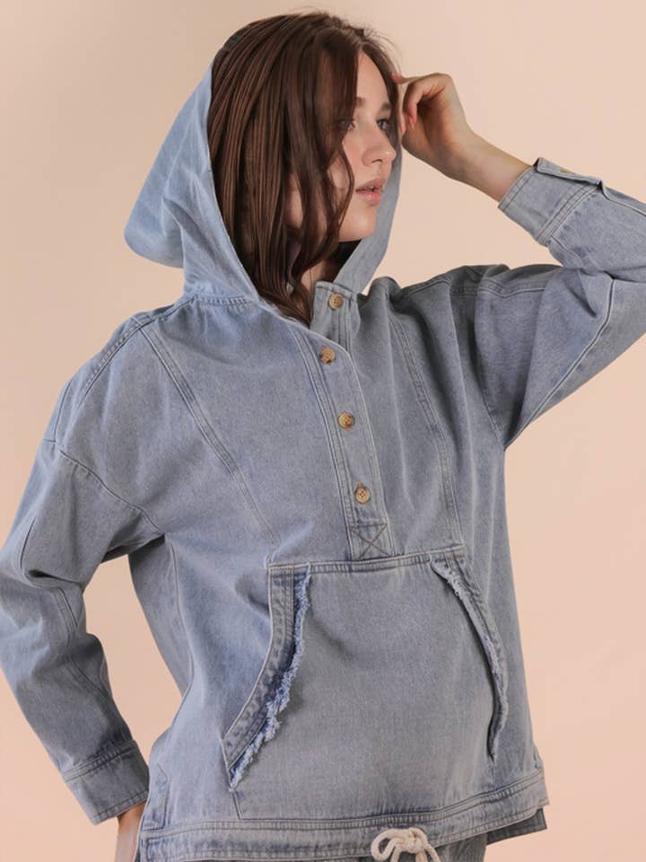 NT12268-Gewassen Denim Casual Hoodie Top voor wholesale door VERY J
