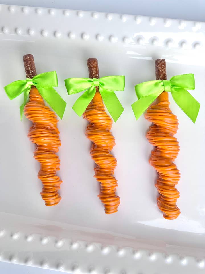 Carrot Shaped Chocolate Covered Caramel Pretzels for wholesale by Delightful Chocolates