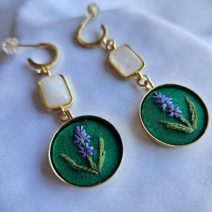 Camas wildflower embroidered gold and moonstone earrings for wholesale by Biobroidery