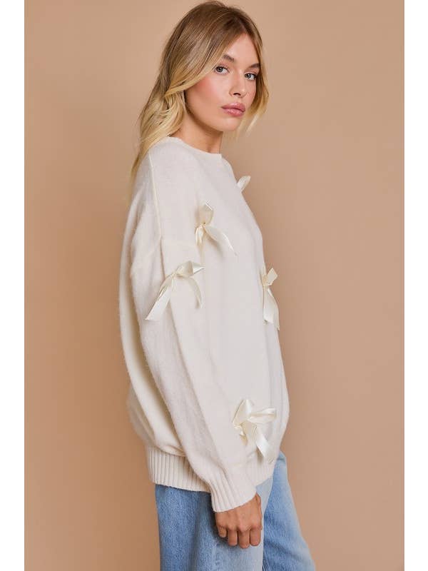 Cream Round Neck Long Sleeve Satin Bows Sweater for wholesale on Faire
