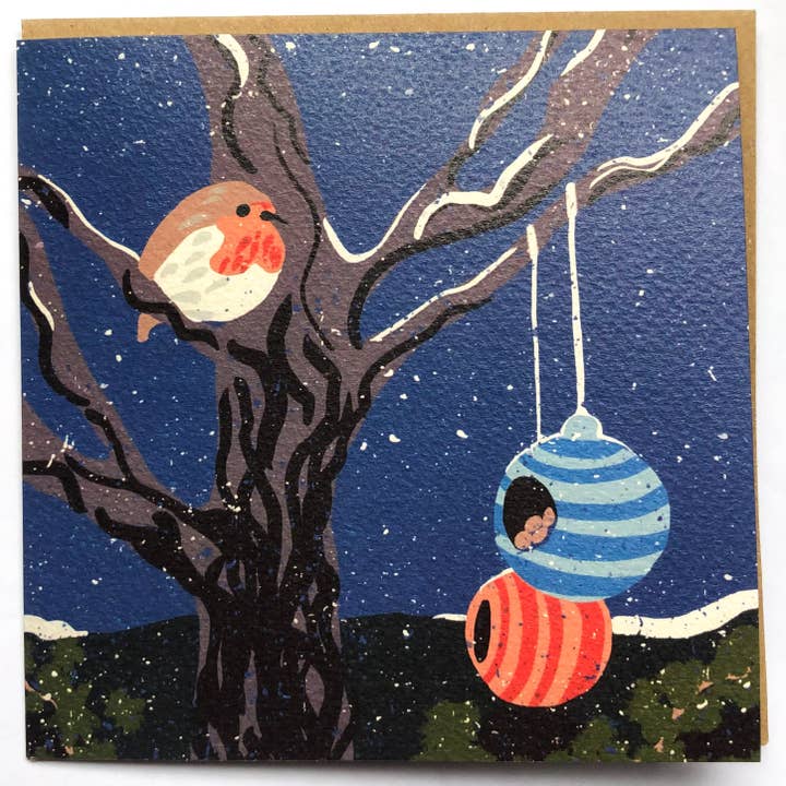 Christmas Card of A Robin Bird In Snowy Tree, FSC UK Card for wholesale by Giverly of Dunbar Greeting Cards