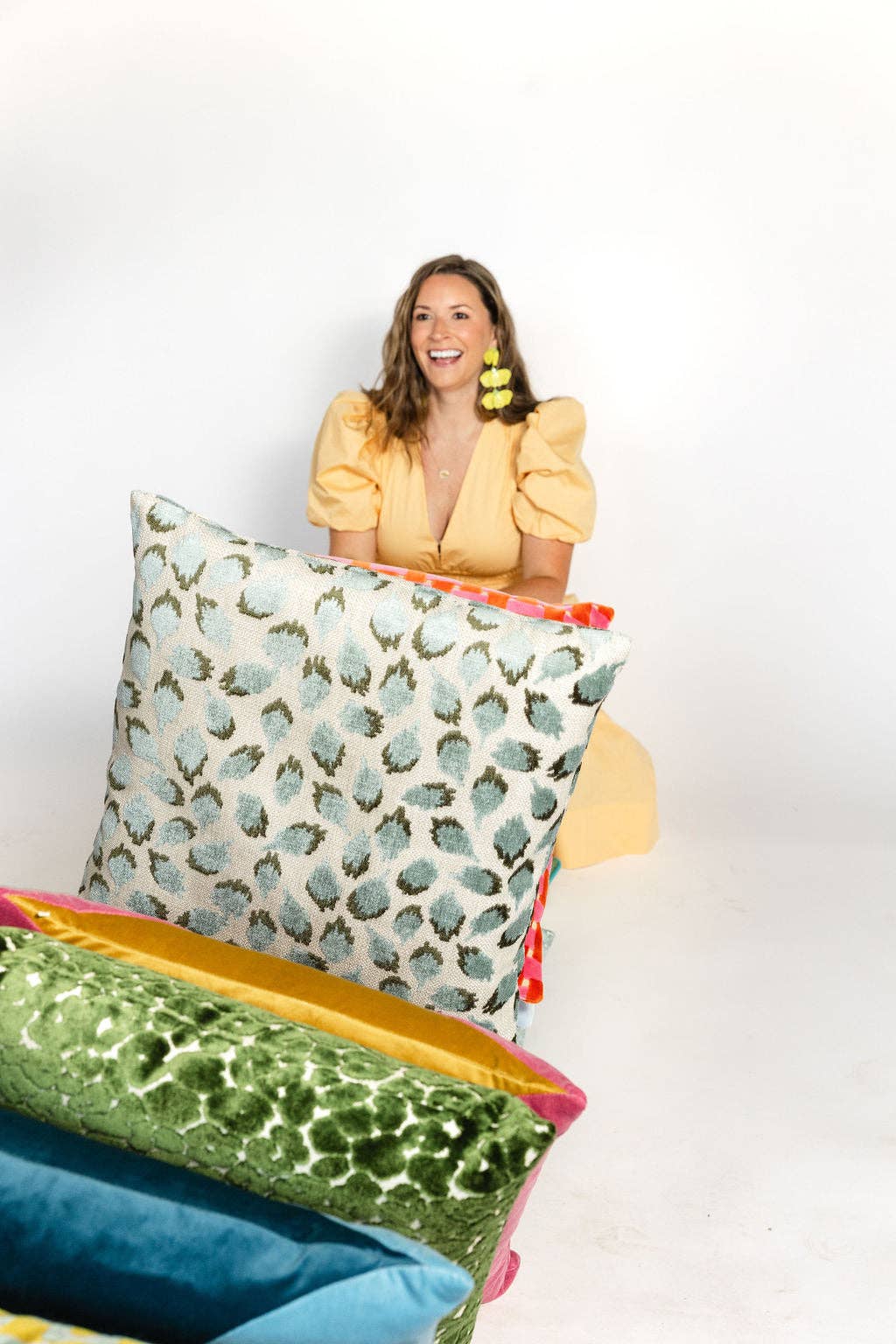 Lottie Mineral -Aqua & Green Spotted Cut Velvet Throw Pillow for wholesale on Faire12