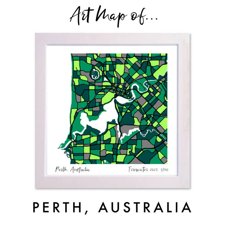 MAPPA D'ARTE DI PERTH, AUSTRALIA - DISEGNATA A MANO E IN EDIZIONE LIMITATA per la vendita all'ingrosso da parte di Firewater Gallery