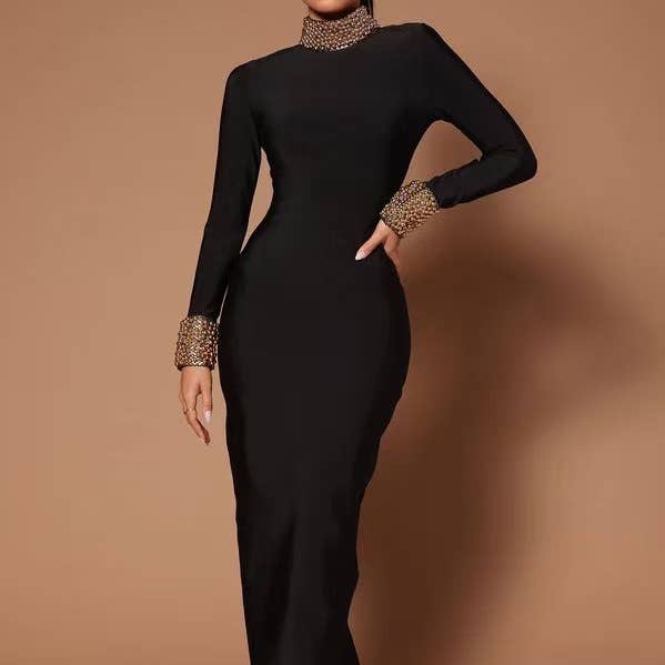 DR346 Elegant Black Diamond-Embellished Backless Slim Dress for wholesale by Productseeker
