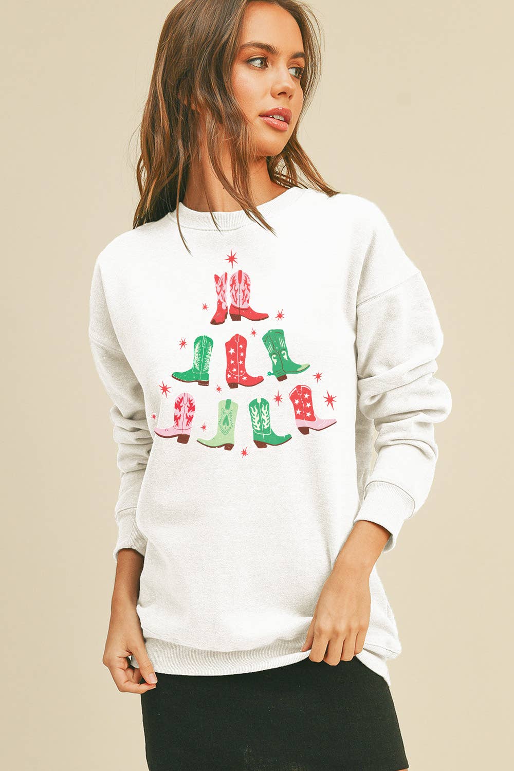 Honestee - Wholesale Sweatshirt - Women's - Cowboy Boots Christmas Tree Long Sleeve Sweatshirt8