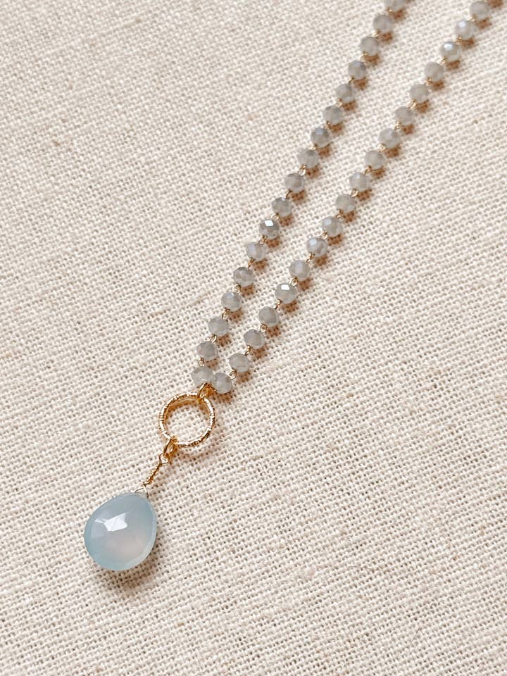 Blue Opal Crystal Link Chain Chalcedony Pendant Necklace for wholesale by Gracie Rose Designs