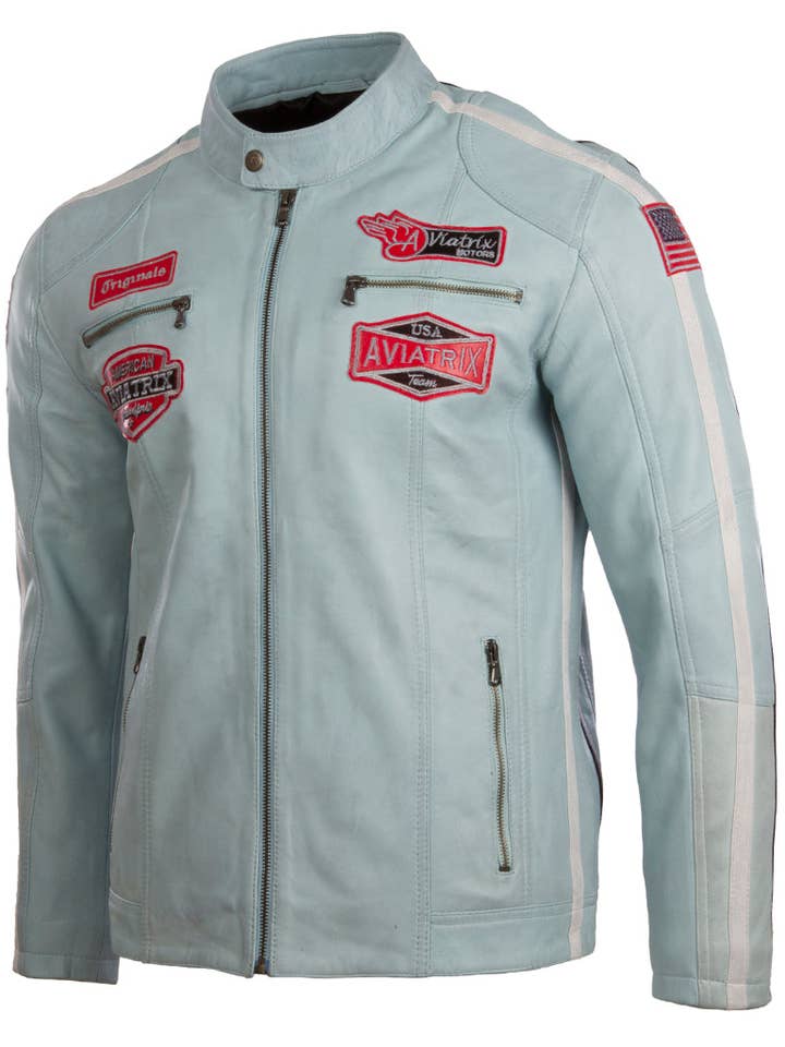 Aviatrix - Wholesale Leather Jacket - Men's - 0G2T Men's Racing Biker - Sky Blue