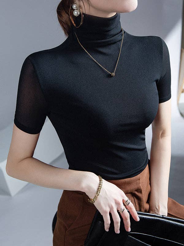 Mirazshoes WholeSale – Großhandel Strickoberteil – Damen – Halbärmelige, enge, einfarbige T-Shirts mit hohem Kragen13