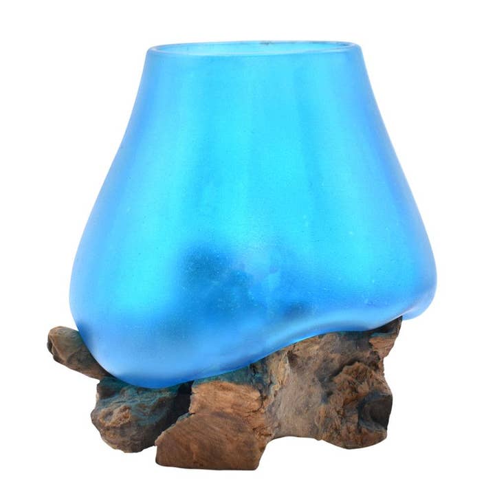 Shared Earth - Wholesale Decorative tabletop object - Shaped Blue Bowl on Wood, Recycled Glass Approx 17-21cm