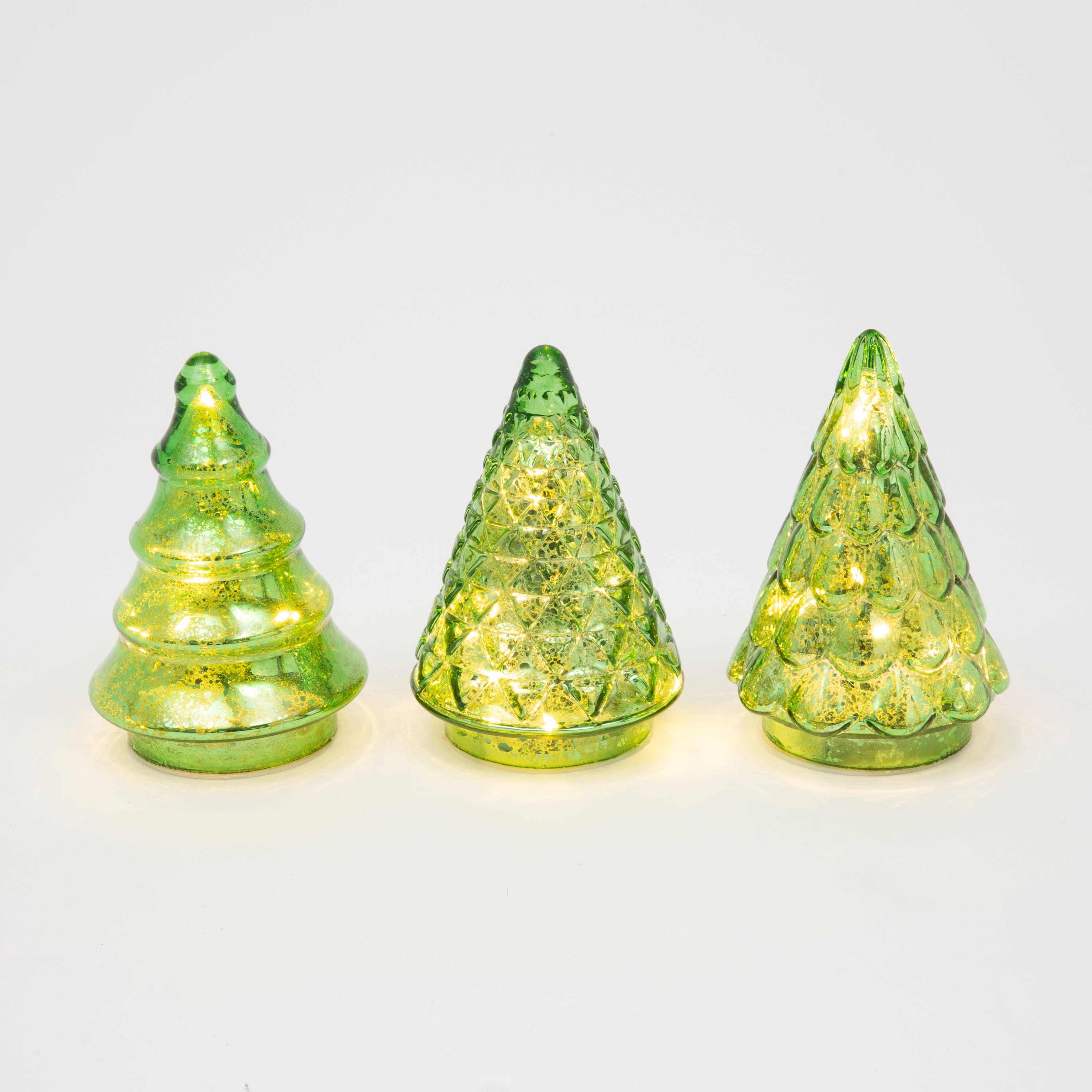 The Gerson Companies - Wholesale Christmas Decoration - Gerson Christmas S/3 6.4"H B/O Lighted Mercury Green Glass T1