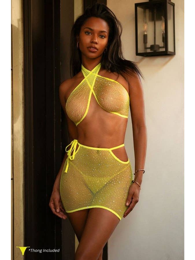 Neon Yellow Killer Legs Wrap Around Rhinestone Bodystocking W/Thong for wholesale on Faire