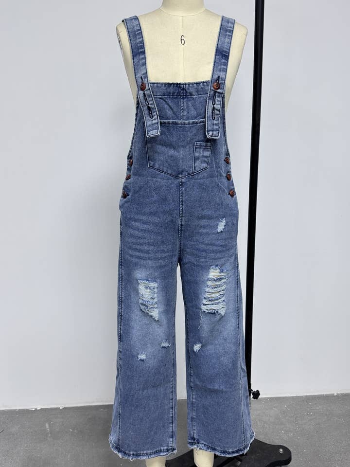 EmberLoom – Engroshandel Overalls - Dame – Kvinders bredbenede buksedragt med slidte detaljer denim overalls12