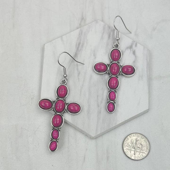 Western Elite Jewelry - Wholesale Dangle Earrings - ERS030424-21 silver with blue oval turquoise stone cross Earrings.