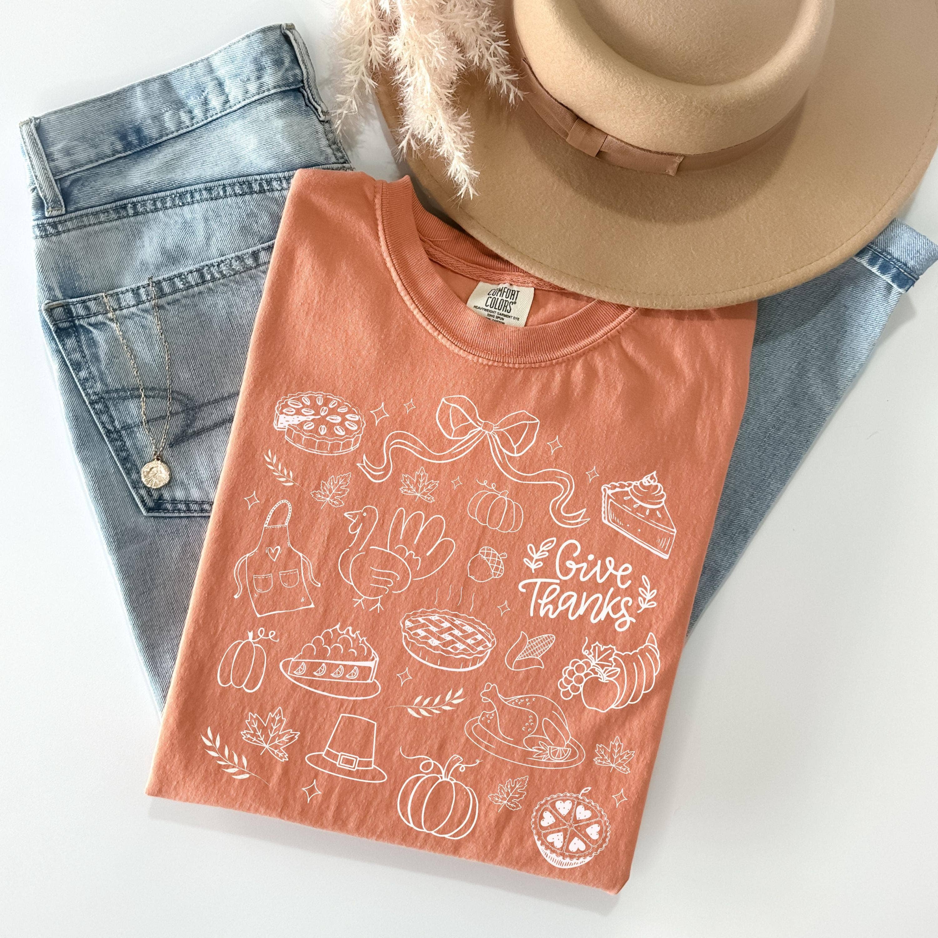 Glaime - Wholesale T-Shirt (Graphic) - Women's - Comfort Colors Thanksgiving Doodle Shirt, Give Thanks Shirt3