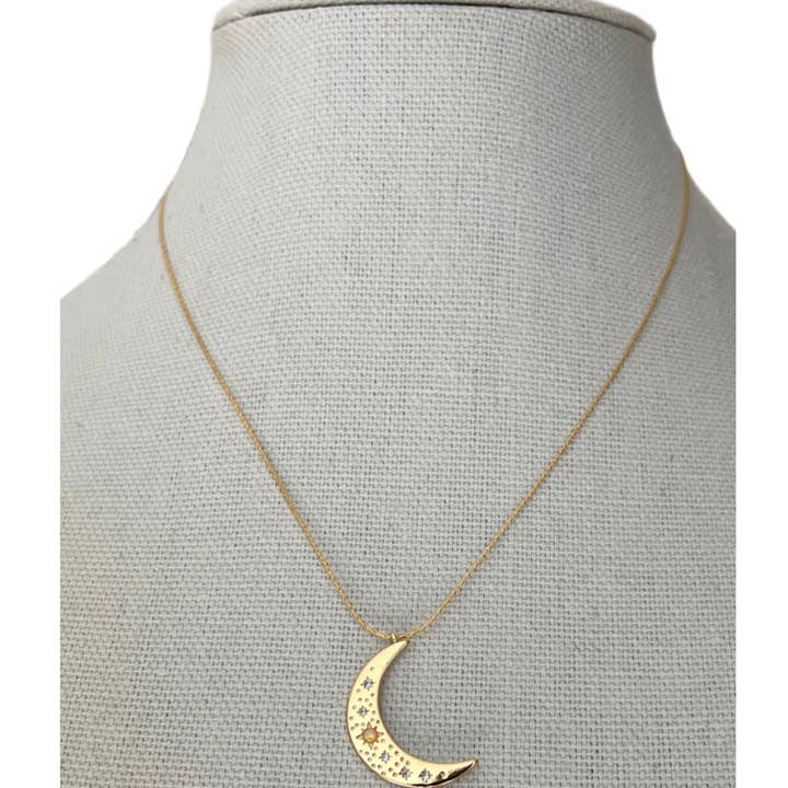 HoopLa - Wholesale Pendant/Charm Necklace - Crescent Moon Opal and Crystal Steel 14K Gold Necklace6