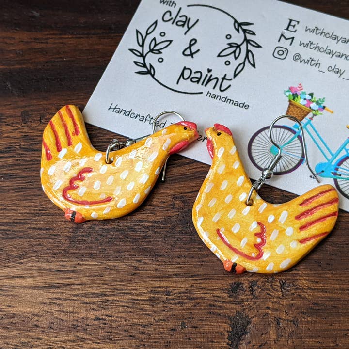 Handcrafted Chicken Earrings for wholesale by With Clay & Paint