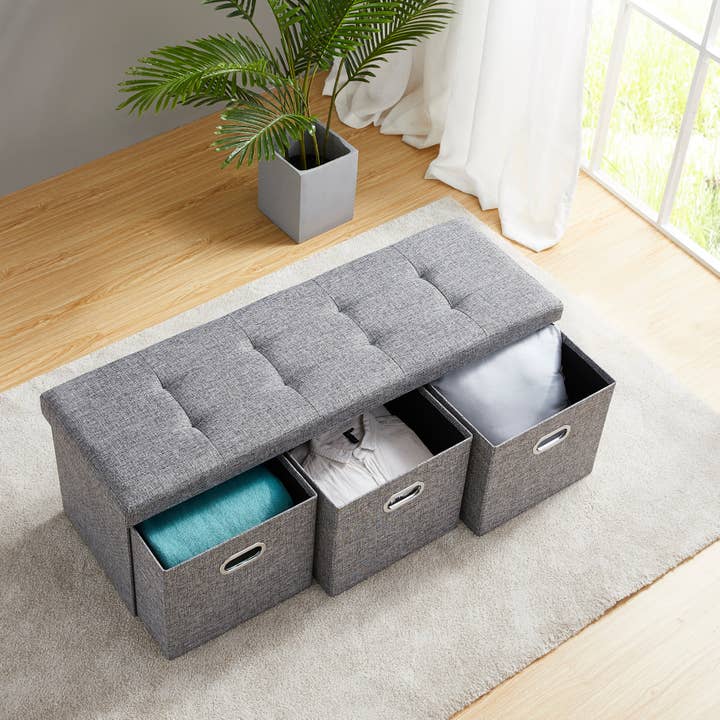 Ornavo Home - Wholesale Ottoman - Foldable Tufted Linen Bench Storage Ottoman with 3 Drawers2