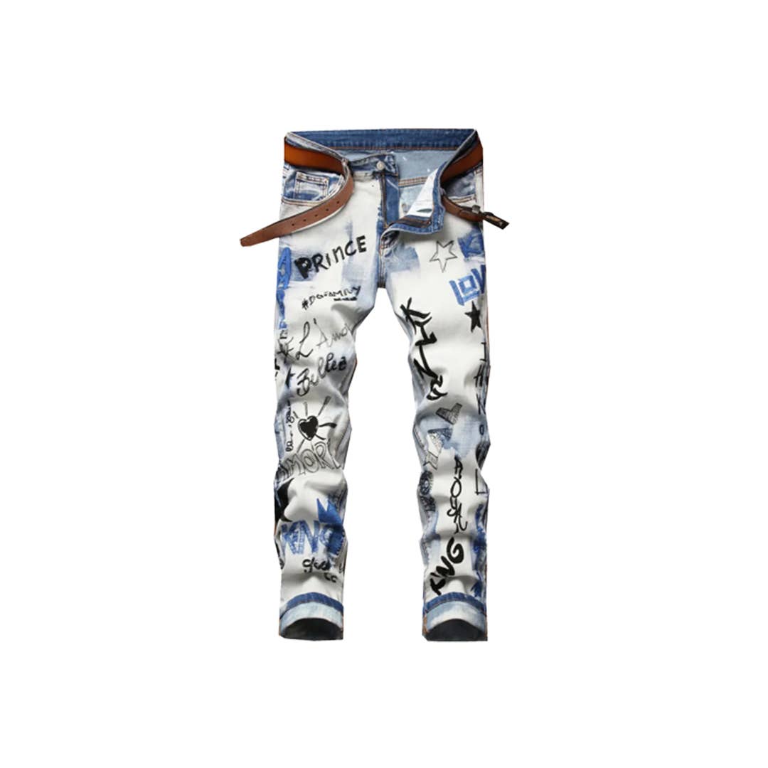 Blue Men's Trendy Letters Embroidery Printed Denim Jeans for wholesale on Faire