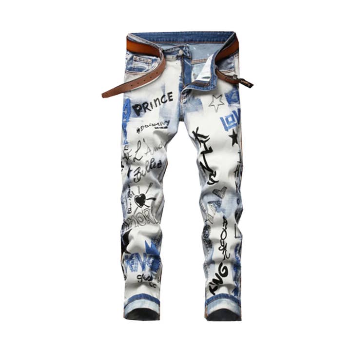Blue Men's Trendy Letters Embroidery Printed Denim Jeans for wholesale on Faire0