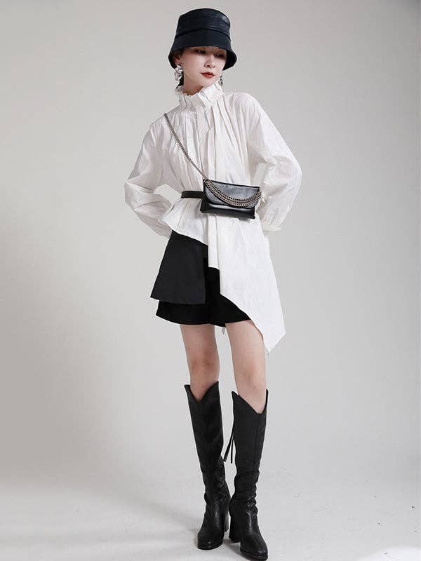 WHITE Original Stylish Irregular Pleated Buttoned Stand Collar Long Sleeves Blouse for wholesale on Faire3