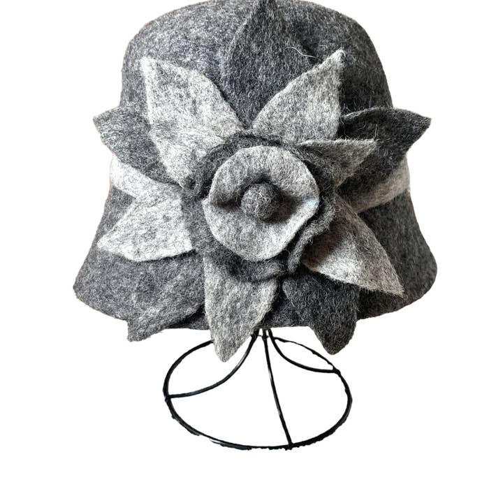 Pomegranate Moon - Wholesale Cloche Hat - Women's - Gray Hat with Gray Belt and Flower1