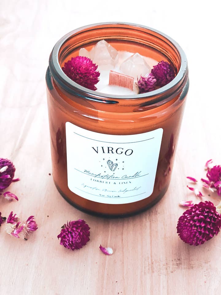 Virgo Manifestation Candle / 9oz Soy Candle with Crystals for wholesale by Juniper and Iris