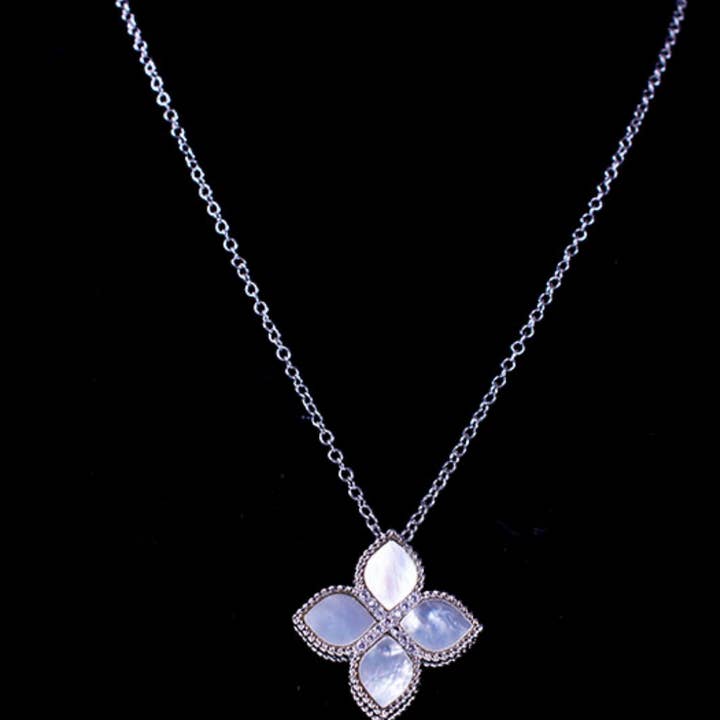 Mother Of Pearl & Crystal Clover Pendant Necklace for wholesale by My Best Kept Jewelry