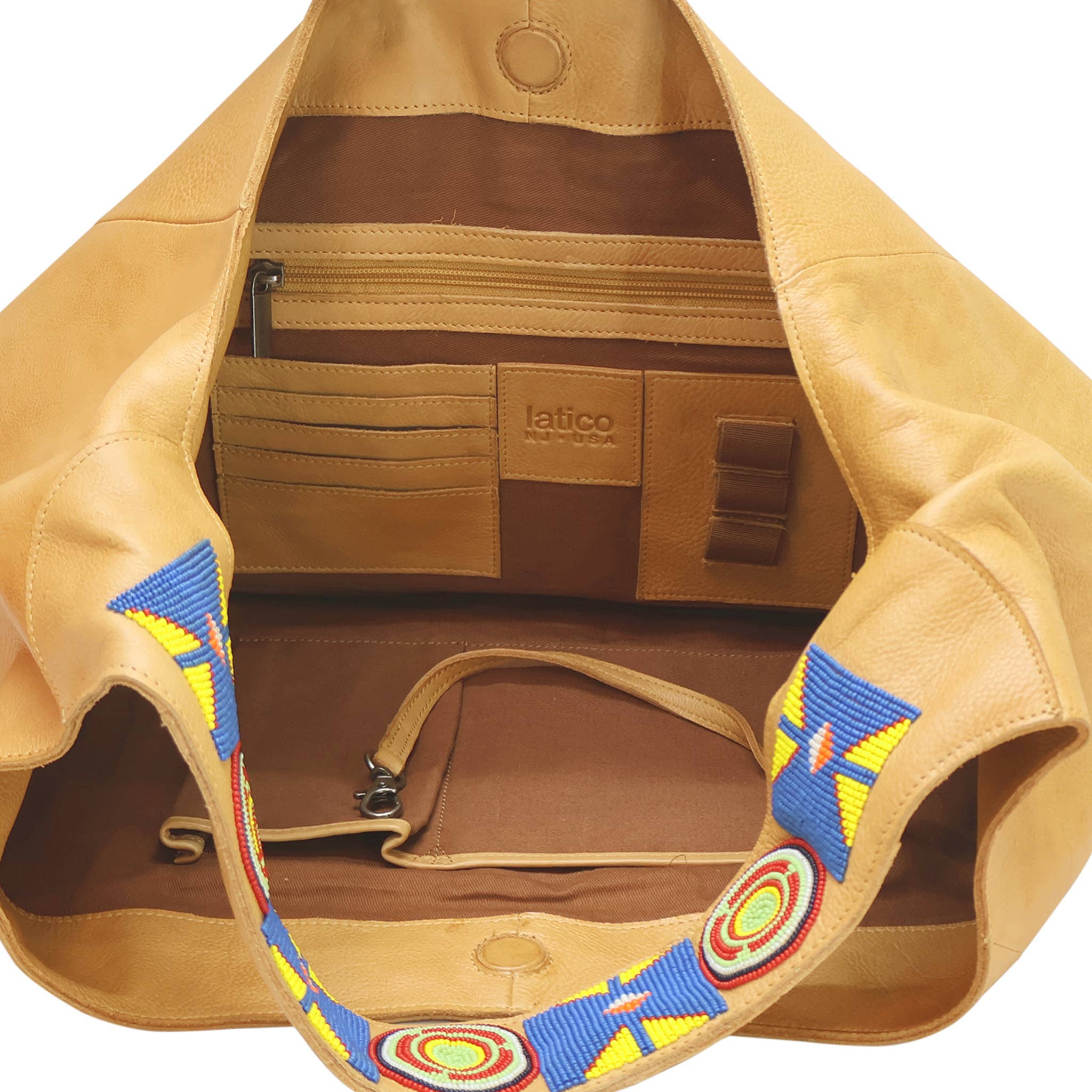 Camel Lindsey Beaded Handcrafted Leather Tote/Shoulder Bags for wholesale on Faire2