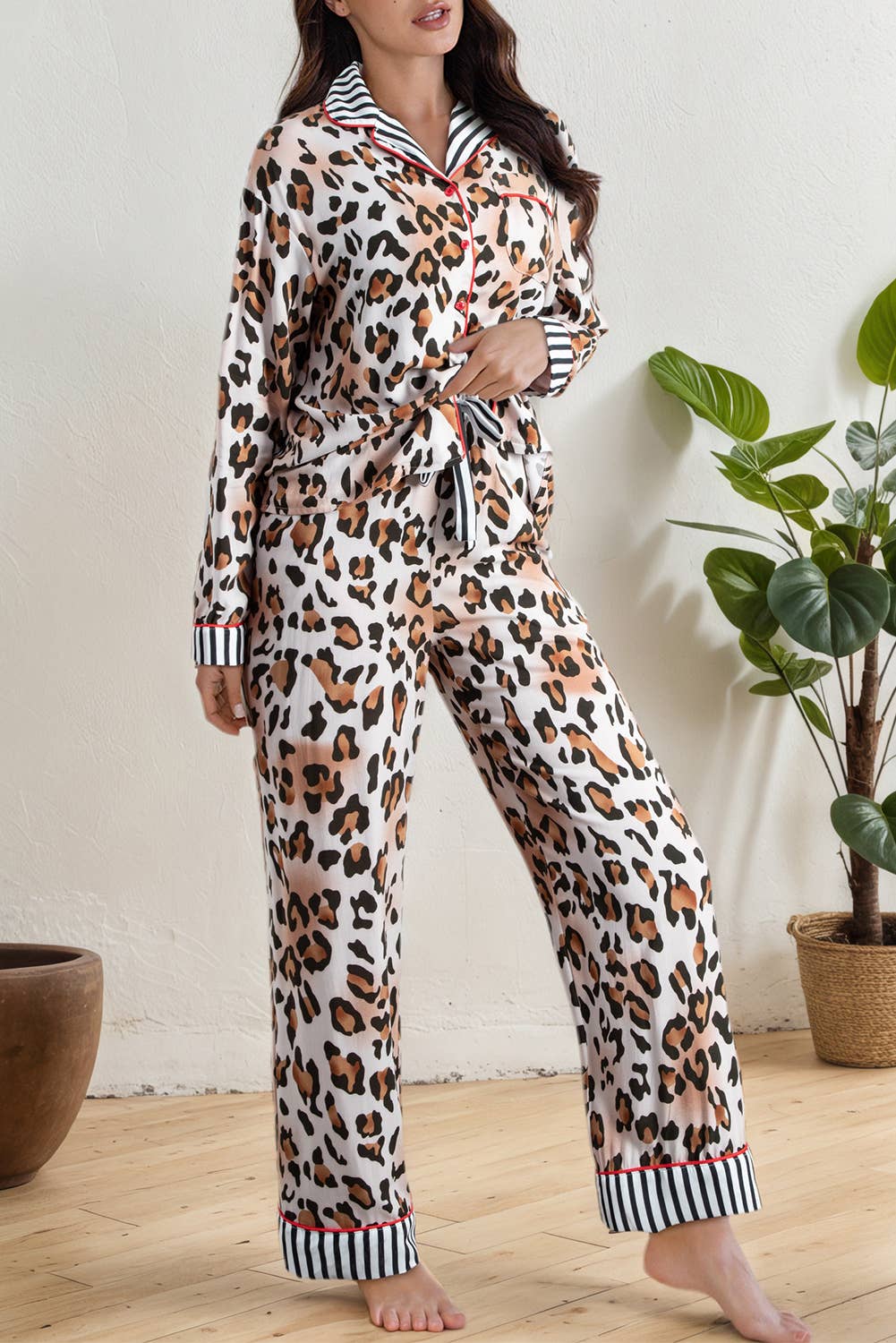Khaki LAS Leopard Striped Edge Shirt and Pants Pajama Set (S-4X) for wholesale on Faire3