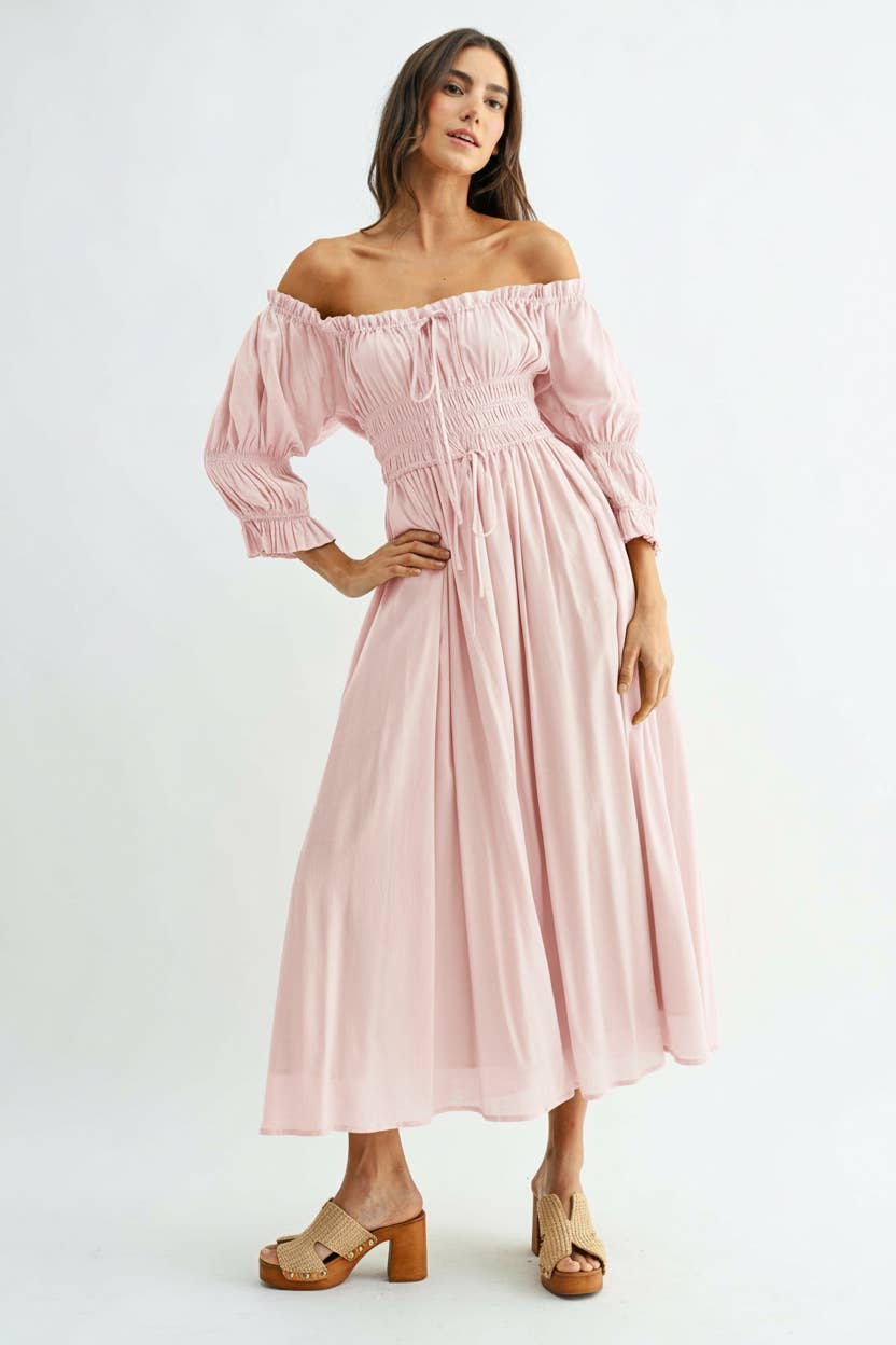 Camellia - Vente Robe – femme - ROBE MIDI ÉPAULES DÉNUDÉES SMOCKÉE JUPE PLISSÉE CD251641