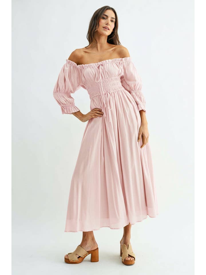 Camellia – wholesale Dress – Women's – CD25164 OFF-SHOULDER SMOCKED MIDI DRESS PLEATED SKIRT1