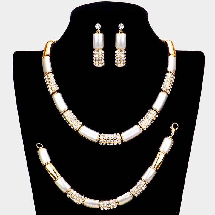 3PCS - Rhinestone Embellished Metal Rectangle Link Necklace Jewelry Set for wholesale by Sensibling Corp.