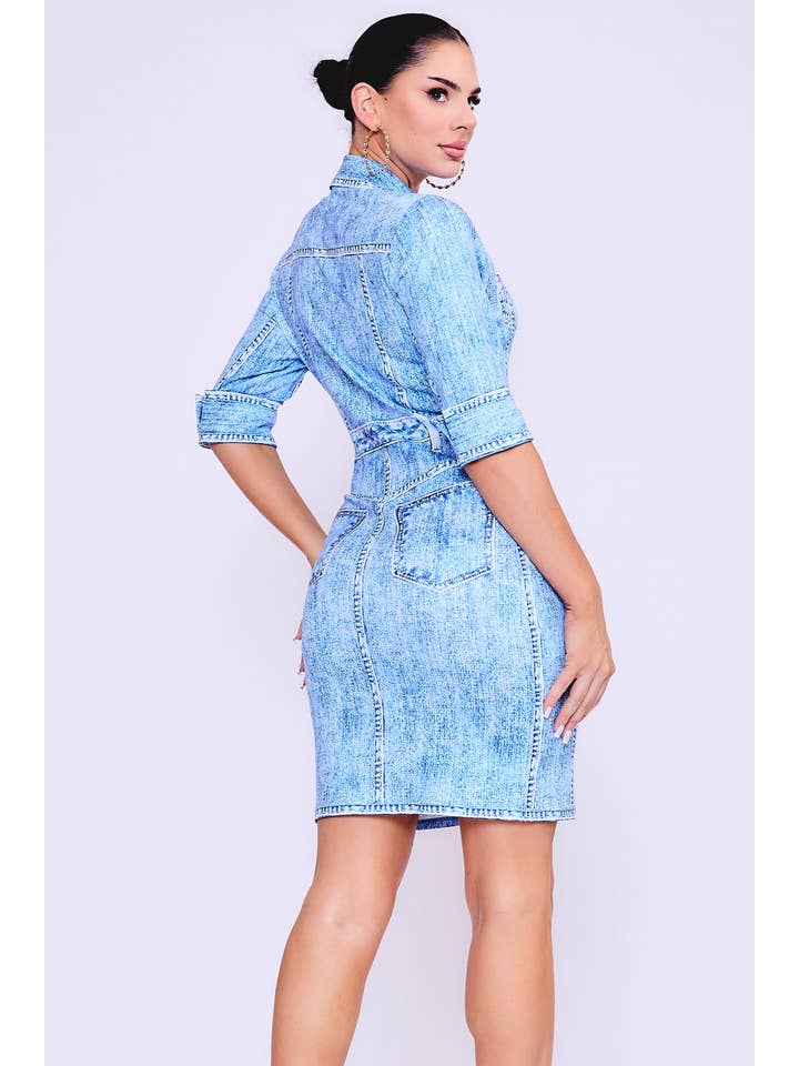 Her Bottari - Wholesale Dress - Women's - BD3696_Denim effect button down short sleeve mini dress2