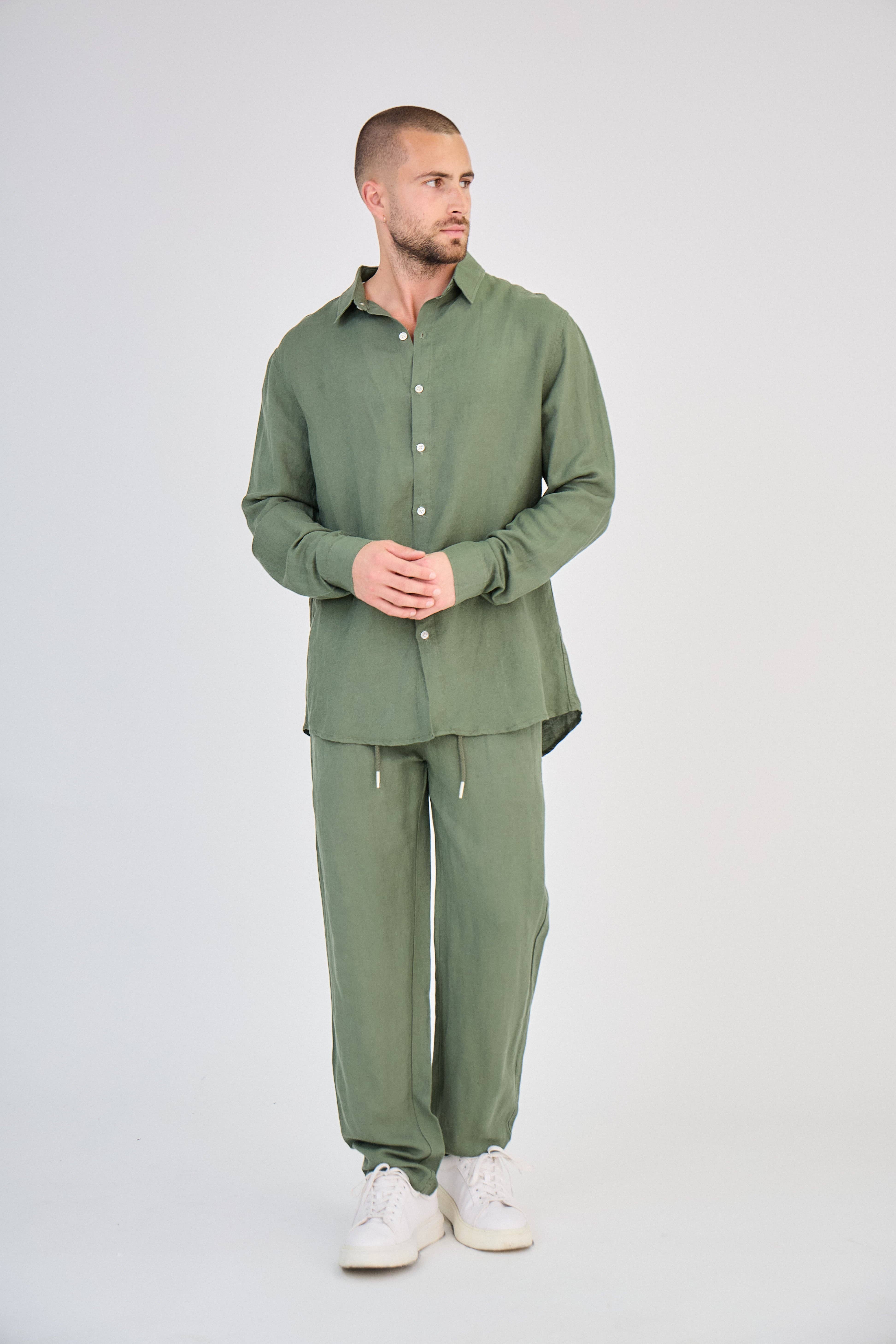 TOP MONDAY - Wholesale Shirt - Men's - Green Long Sleeve Linen Shirt1