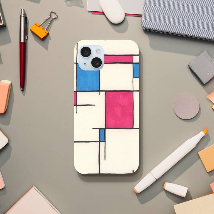Pink and Blue Mondrian iPhone 16 15 14 Tough Case - Modern Abstract Geometric Phone Cover - Minimalist Grid Art Case - De Stijl Inspired Gift for wholesale by James Knights Art