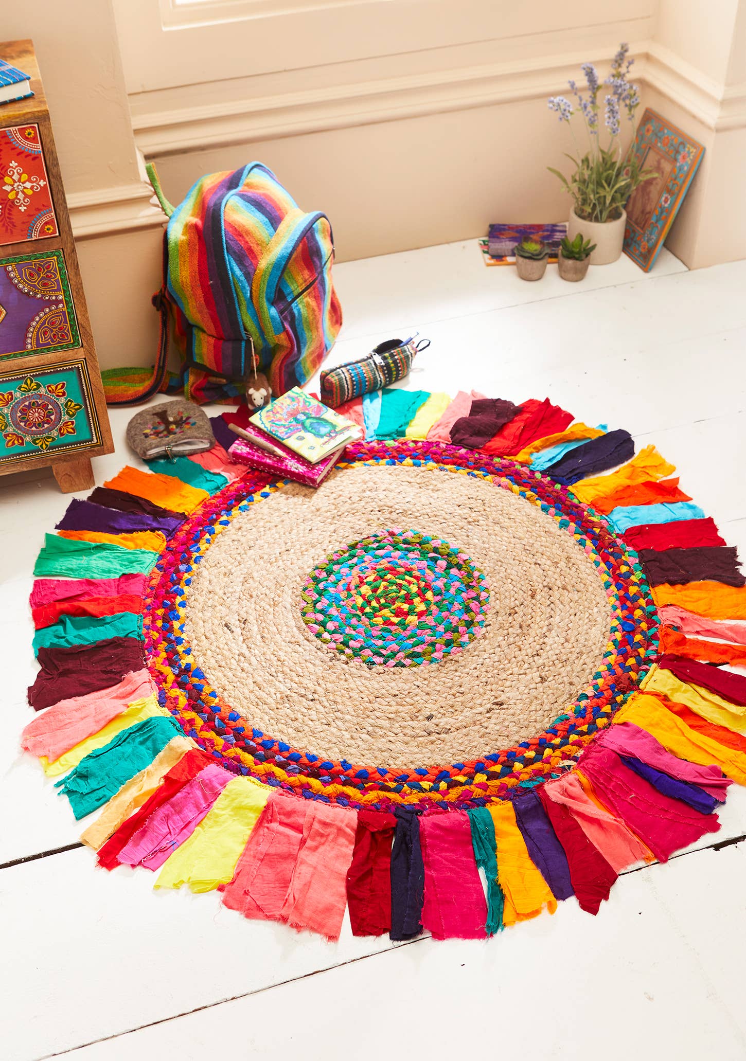 Namaste - Vendita all'ingrosso Tappeto - Tappeto intrecciato Keshar in juta/cotone riciclato con balze, 90 x 90 cm2