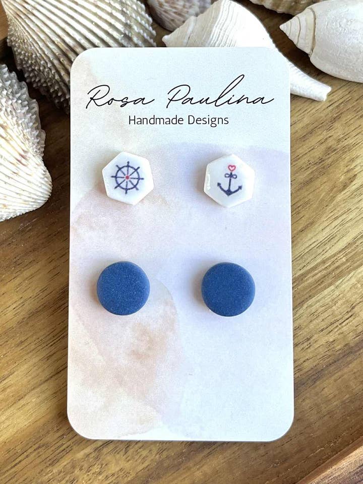 Pendientes náuticos de botón, joyería náutica para venta al por mayor de Rosa Paulina Designs