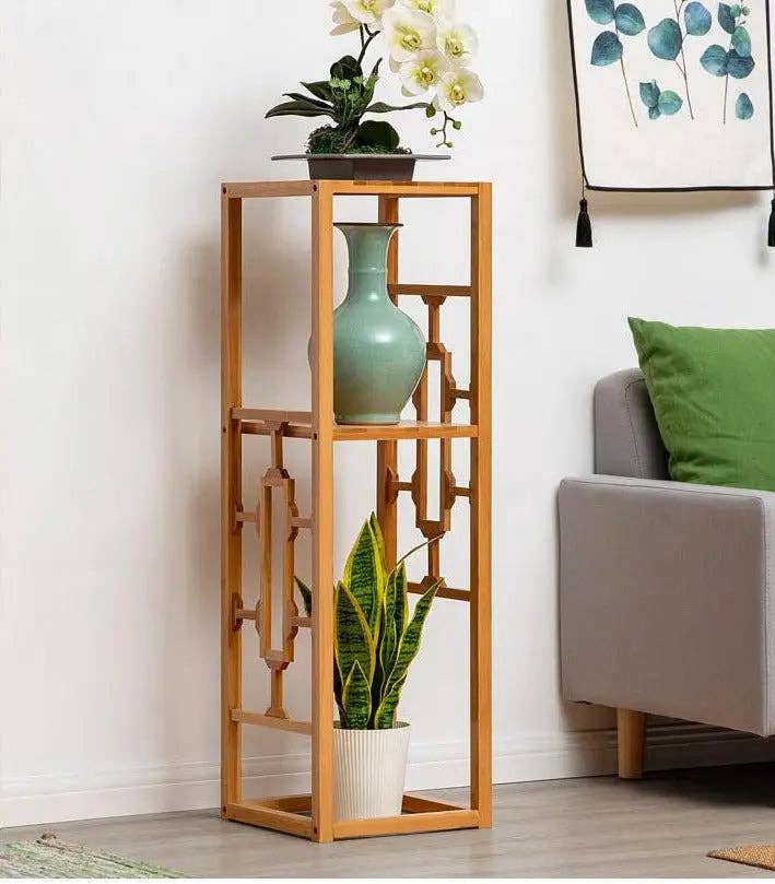 everythingbamboo - Venta al por mayor Soportes para macetas - Soporte de madera de bambú de primera calidad para decoración de plantas, estante tallado, elegante8