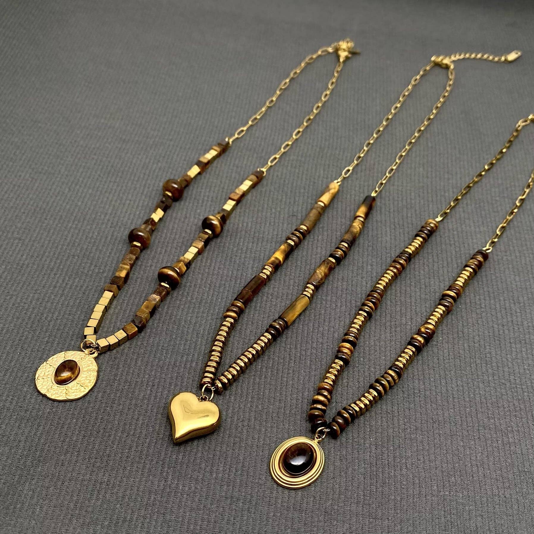 Mio Queena - Wholesale Pendant/Charm Necklace - 18K Golden S.Steel Tiger's Eye Stone Beaded Necklace - FGS/CS6