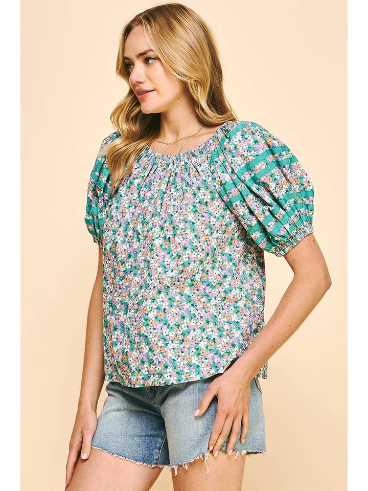 PINCH - Wholesale Blouse - Women's - FLORAL PRINT SS WOVEN TOP - GREEN BLUE
