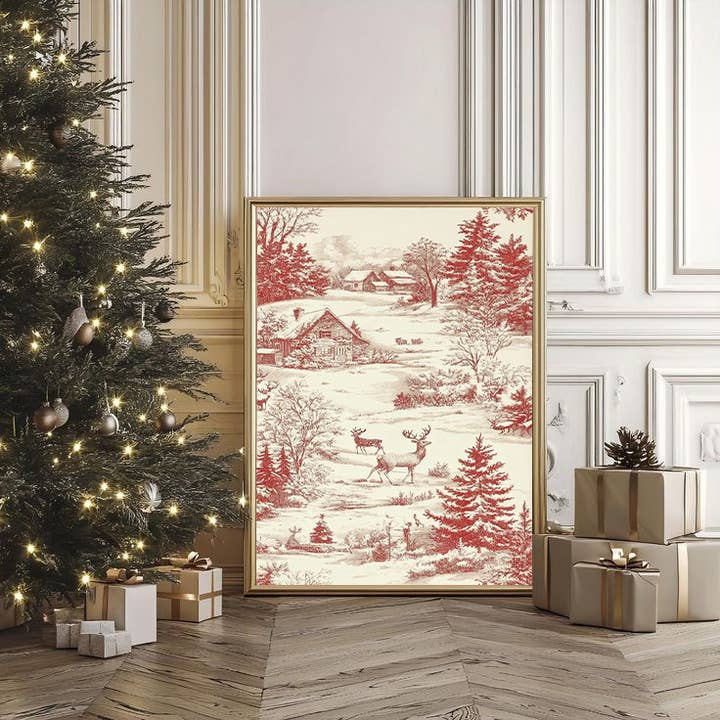 Red Winter Toile Canvas Art: Deer & Cabin Scene for wholesale by DTF Office