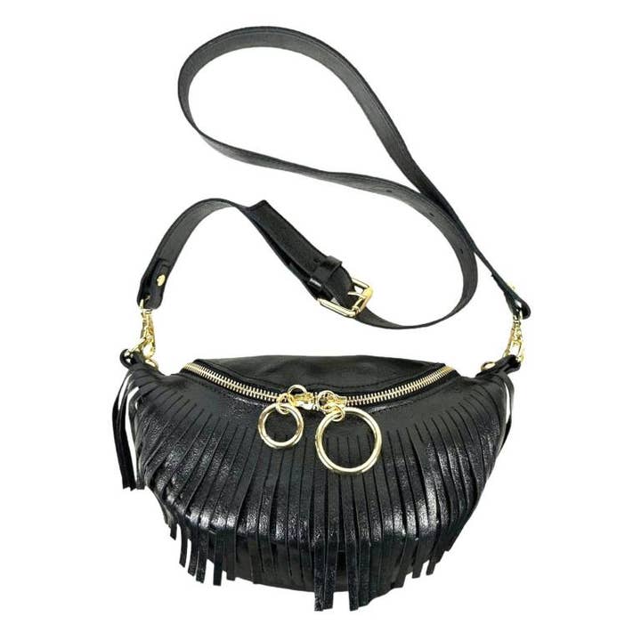 Chenson & Gorett - Vente Sac ceinture – femme - Sac banane en cuir italien brillant pour femme avec franges10