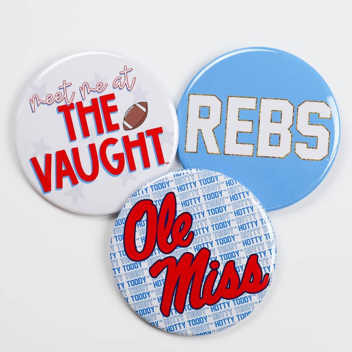 Schaltflächen für den Spieltag „Ole Miss“ | Spieltag-Pins | U of Mississippi für den Großhandel von Tailgated Co.