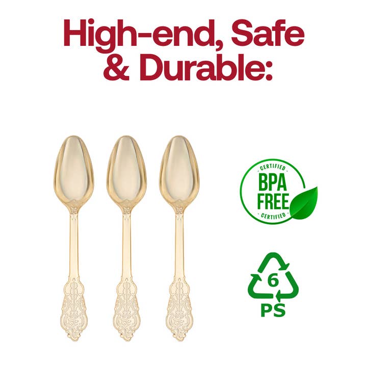 Smarty had a Party - Wholesale Table Spoon (Cutlery) - Shiny Baroque Gold Plastic Spoons - 24 pcs4